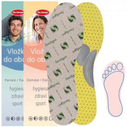 Herren-Dufteinlagen mit ortho-knieunterstützendem Quer- und Längsgewölbe zum Einlegen in Schuhe, aus einer Kombination von synthetischem Schaumstoff mit Textilmaterial. 