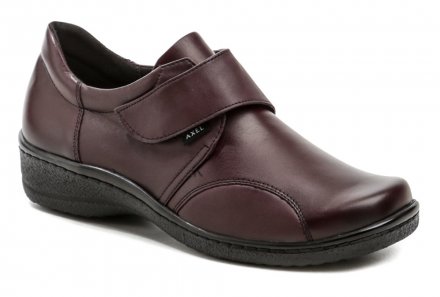 Ganzjahres-Gesundheits-Wanderschuhe für Damen mit Klettverschluss. Der Schuh ist aus echtem Naturleder in Kombination mit Stretchmaterial im Halluxbereich gefertigt, wodurch der Schuh für breite Füße geeignet ist.