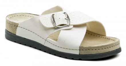 Damen-Slipper mit verstellbarem Riemen am Schaft, aus einer Kombination von echtem Leder und Synthetikmaterial.
