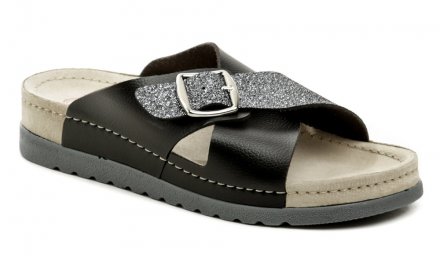 Damen-Slipper mit verstellbarem Riemen am Schaft, aus einer Kombination von echtem Leder und Synthetikmaterial.