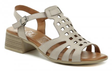 Damen-Sommer-Walking-Sandalen mit Absatz und Gürtelschnallenverschluss. Die Schuhe sind aus echtem Naturleder gefertigt.