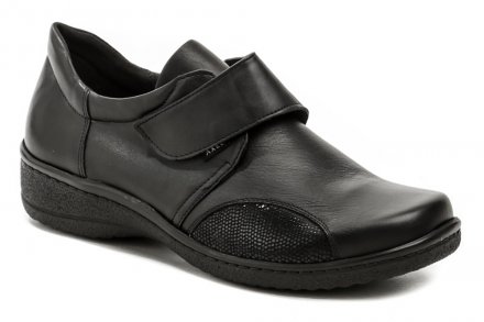 Ganzjahres-Gesundheits-Wanderschuhe für Damen mit Klettverschluss. Der Schuh ist aus echtem Naturleder in Kombination mit Stretchmaterial im Halluxbereich gefertigt, wodurch der Schuh für breite Füße geeignet ist.