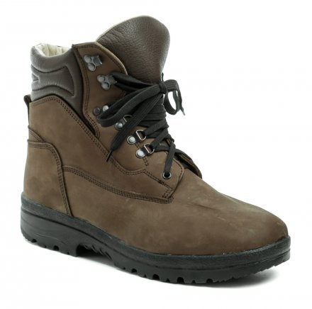 Ganzjahres-Wander- und Arbeitsstiefel für Herren mit Schnürverschluss. Die Schuhe sind aus echtem Naturleder mit wasserdichter Sympatex-Membran gefertigt.