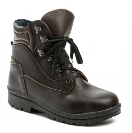 Winterlicher knöchelhoher Wander- und Arbeitsstiefel für Herren mit Schnürung. Das Schuhwerk ist aus echtem Naturleder mit wasserdichter Sympatex-Membran gefertigt, der Innenteil ist mit einem Pelzmantel aus echtem Widder ausgestattet.