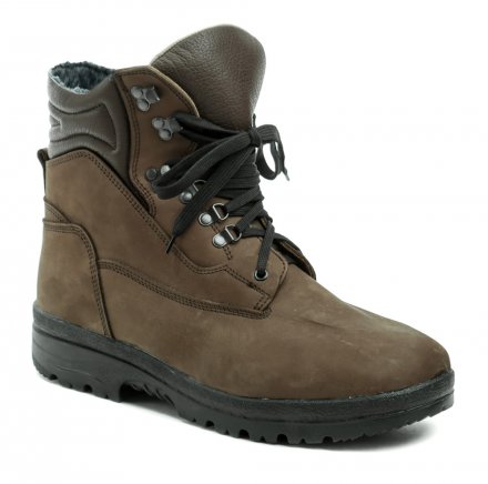 Winterlicher knöchelhoher Wander- und Arbeitsstiefel für Herren mit Schnürung. Das Schuhwerk ist aus echtem Naturleder mit wasserdichter Sympatex-Membran gefertigt, der Innenteil ist mit einem Pelzmantel aus echtem Widder ausgestattet.
