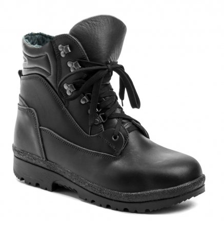 Winterlicher knöchelhoher Wander- und Arbeitsstiefel für Herren mit Schnürung. Das Schuhwerk ist aus echtem Naturleder mit wasserdichter Sympatex-Membran gefertigt, der Innenteil ist mit einem Pelzmantel aus echtem Widder ausgestattet.