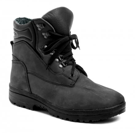 Winterlicher knöchelhoher Wander- und Arbeitsstiefel für Herren mit Schnürung. Das Schuhwerk ist aus echtem Naturleder mit wasserdichter Sympatex-Membran gefertigt, der Innenteil ist mit einem Pelzmantel aus echtem Widder ausgestattet.