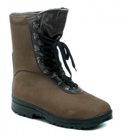 Winterlicher knöchelhoher Wander- und Arbeitsstiefel für Herren mit Schnürung. Das Schuhwerk ist aus echtem Naturleder mit wasserdichter Sympatex-Membran gefertigt, der Innenteil ist mit einem Pelzmantel aus echtem Widder ausgestattet.