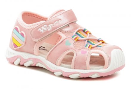 Kinder-Sommer-Freizeitschuhe mit einem Klettverschluss über dem Knöchel. Die Schuhe sind aus Kunstleder in Kombination mit Textil hergestellt. Die Innensohle ist aus Naturleder.