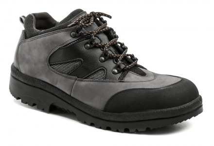 Ganzjahres-Wander- und Arbeitsschuhe für Männer mit Schnürsenkeln und schützendem Gummimaterial an der Schuhspitze. Die Schuhe sind aus echtem Naturleder mit wasserdichter Sympatex-Membran gefertigt.