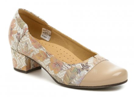 Damenformal- und Wanderschuhe mit mittlerem Absatz, aus echtem Naturleder. Bequeme Einlegesohle mit Polsterung des Längs- und Quergewölbes.