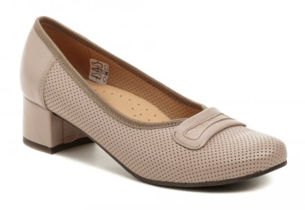 Damenformal- und Wanderschuhe mit mittelhohem, stabilem Absatz, aus echtem Naturleder.