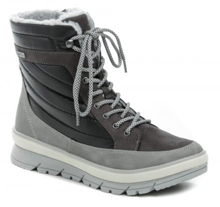 Damen-Winterstiefelette mit Schnürung und Reißverschluss. Die Stiefel sind aus einer Kombination von synthetischem und textilem Material mit JanaTex-Membran hergestellt. Innen mit pelzigem Textilfell isoliert.