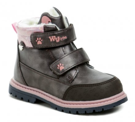 Kinder-Winterstiefel mit Klettverschluss, aus Synthetikmaterial und innen voll isoliert mit Textilpelzbesatz.