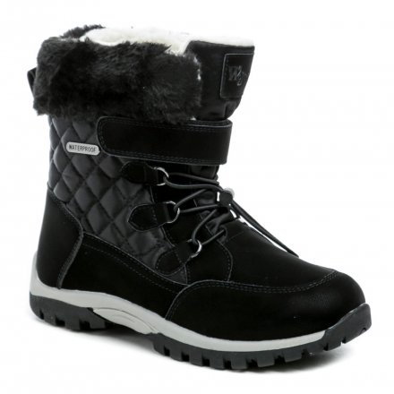 Kinder-Winterstiefel mit Klettverschluss, aus einer Kombination von Synthetik und Textilmaterial WATERPROOF und innen mit einem pelzigen Textilfell ausgestattet.
