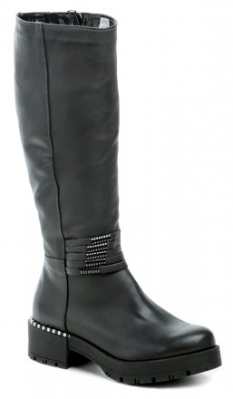 Winterwanderstiefel für Damen mit niedrigem Absatz und Reißverschluss. Das Schuhwerk ist aus echtem Naturleder gefertigt, innen mit einem pelzigen Textilfell isoliert.