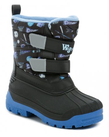 Kinder-Winterstiefelette mit Klettverschluss, aus Synthetik und Textil und mit Textilschaumfutter innen ausgestattet.