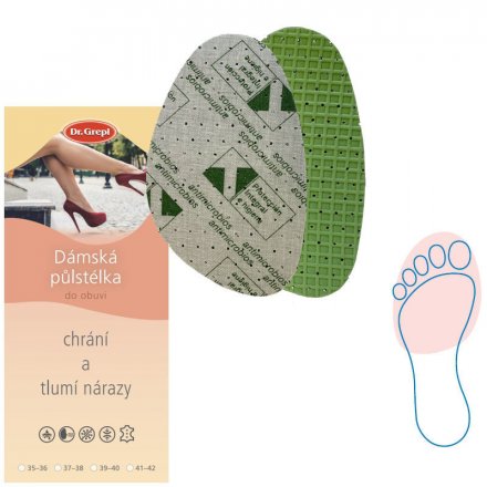 Halbschuheinlagen für Frauen zum Einlegen in Schuhe, hergestellt aus einer Kombination von synthetischem Schaumstoff und Textilmaterial mit antibakteriellem Kohlenstoff.