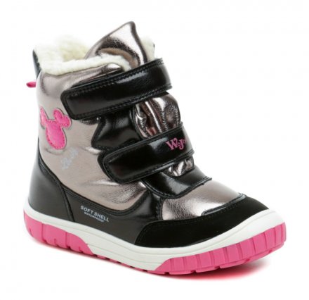 Kinder-Winterstiefel mit Klettverschluss, aus Synthetik und Textil und mit einem pelzigen Textilfutter innen ausgestattet.