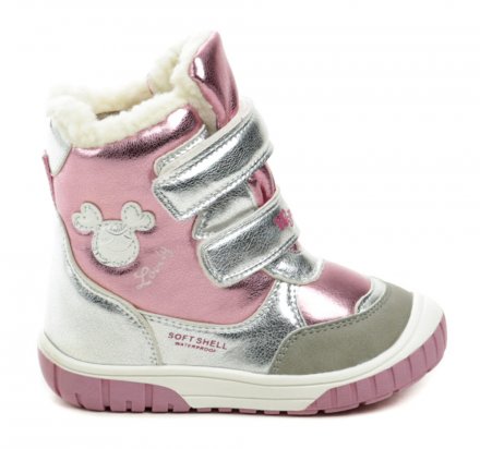 Kinder-Winterstiefel mit Klettverschluss, aus Synthetik und Textil und mit einem pelzigen Textilfutter innen ausgestattet.
