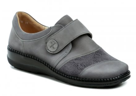 Ganzjahres-Gesundheits-Wanderschuhe für Damen mit Klettverschluss über dem Knöchel. Der Schuh ist aus echtem Naturleder in Kombination mit Stretchmaterial auf dem Spann gefertigt, wodurch der Schuh auch für Füße mit Hallux geeignet ist.