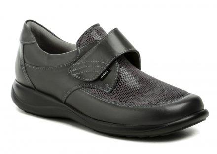 Medizinische Damen-Gangschuhe für alle Jahreszeiten mit Klettverschluss. Die Schuhe sind aus echtem Naturleder gefertigt und verfügen über Stretchmaterial im Spannbereich, wodurch sie sich auch für breite Füße mit Hallux valgus eignen.