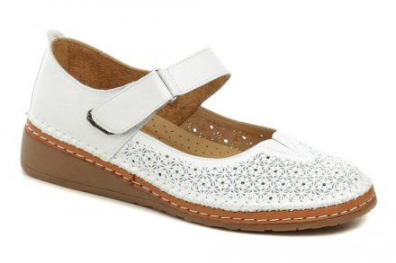 Sommerliche Damen-Wanderschuhe mit Klettverschluss. Der Schuh ist aus echtem Naturleder gefertigt, die Einlegesohle enthält Unterstützung für Längs- und Quergewölbe.