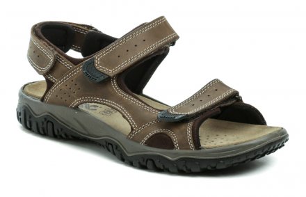 Herren-Sommer-Wandersandalen mit Klettverschluss. Die Schuhe sind aus echtem Naturleder in Kombination mit Textilmaterial hergestellt.