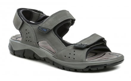 Herren-Sommer-Wandersandalen mit Klettverschluss. Die Schuhe sind aus echtem Naturleder in Kombination mit Textilmaterial hergestellt.