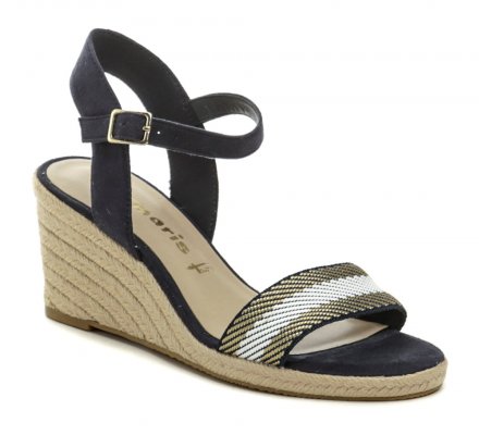 Damen-Sommer-Walking-Sandalen auf Keilabsatz, aus einer Kombination von Textil und Synthetikmaterial.