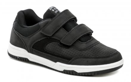 Ganzjahres-Wanderschuhe für Kinder mit Klettverschluss. Die Schuhe sind aus synthetischem Material mit Textil- und Lederinnensohle.