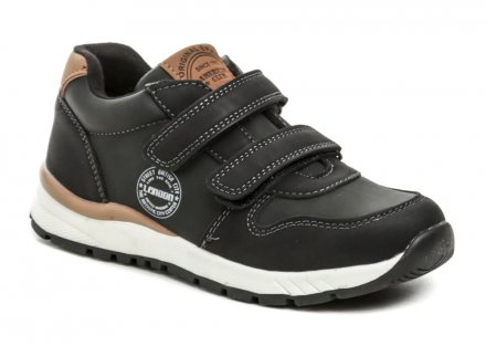 Ganzjahres-Wanderschuhe für Kinder mit Klettverschluss. Die Schuhe sind aus synthetischem Material mit einer Innensohle aus echtem Leder.