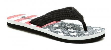 Sommerliche Freizeit-Slipper mit Griff zwischen den Zehen, aus einer Kombination von Textil und Synthetik.