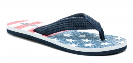 Sommerliche Freizeit-Slipper mit Griff zwischen den Zehen, aus einer Kombination von Textil und Synthetik.