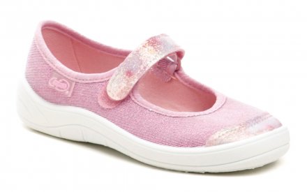 Sommerliche Freizeit- und Schlupfschuhe für Kinder mit Klettverschluss, aus Textilmaterial.