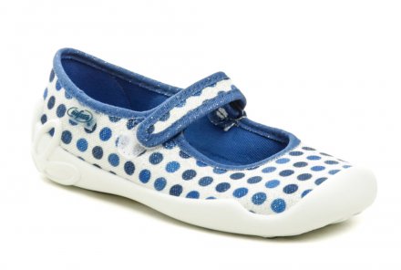 Sommerliche Freizeit- und Schlupfschuhe für Kinder mit Klettverschluss, aus Textilmaterial.