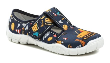 Ganzjährige Freizeit- und Schlupfschuhe für Kinder mit Klettverschluss, aus Textilmaterial mit einer Innensohle aus echtem Leder.