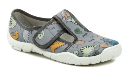 Ganzjährige Freizeit- und Schlupfschuhe für Kinder mit Klettverschluss, aus Textilmaterial mit einer Innensohle aus echtem Leder.