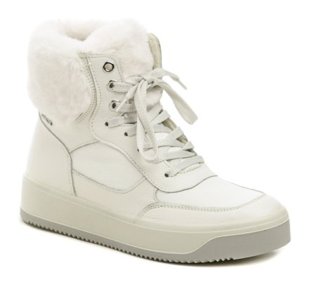 Damen-Winterwanderstiefel mit Schnürung, hergestellt aus einer Kombination von echtem Leder und Textilmaterial. Das Schuhwerk ist mit einer Membran ausgestattet