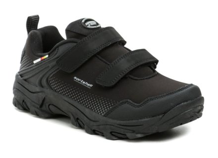 Ganzjahres-Wanderschuhe mit Klettverschluss, hergestellt aus einer Kombination von Synthetikmaterial mit textilem SOFTSHELL-Material.