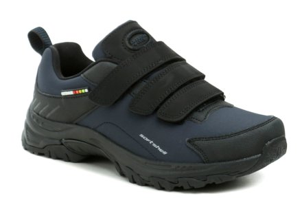 Ganzjahres-Wanderschuhe mit Klettverschluss, hergestellt aus einer Kombination von Synthetikmaterial mit textilem SOFTSHELL-Material.