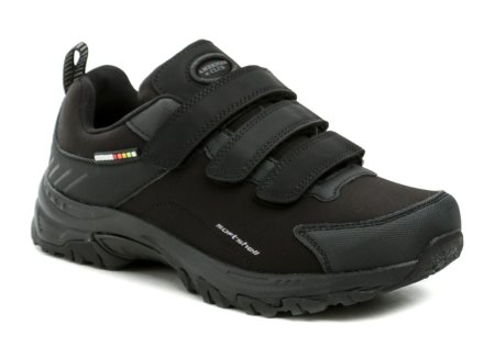 Ganzjahres-Wanderschuhe mit Klettverschluss, hergestellt aus einer Kombination von Synthetikmaterial mit textilem SOFTSHELL-Material.
