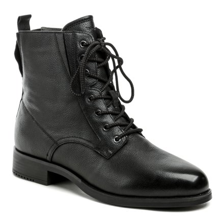 Damen Winterstiefelette mit Schnürung und Reißverschluss. Die Schuhe auf einem stabilen niedrigen Absatz sind aus echtem Naturleder gefertigt. Innen mit weichem Textilfell isoliert.