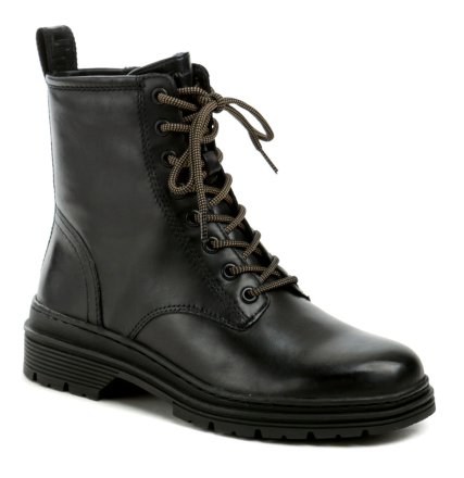 Damen Winterstiefelette mit Schnürung und Reißverschluss. Die Schuhe auf einem stabilen niedrigen Absatz sind aus echtem Naturleder gefertigt. Innen mit weichem Textilfell isoliert.