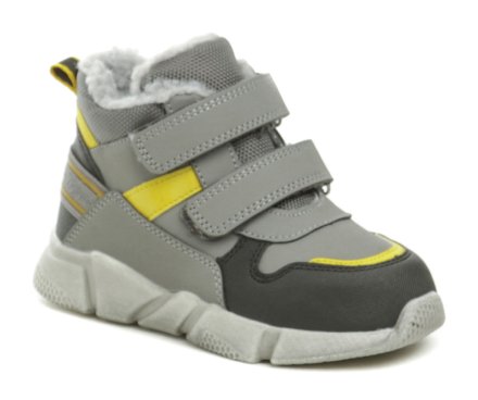 Kinder-Winterstiefel mit Klettverschluss, aus Synthetikmaterial und innen mit einem pelzigen Textilfell ausgestattet.