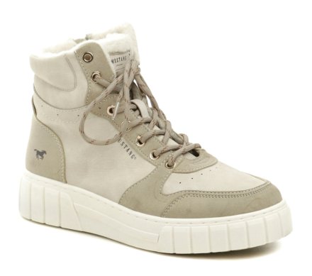 Damen-Winterwanderstiefel mit Schnürung und Reißverschluss, die Stiefel sind aus Synthetikmaterial, innen mit Textilfell isoliert.