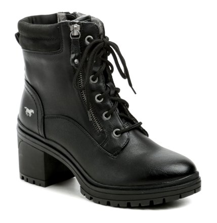 Damen-Winterstiefeletten auf mittlerem Absatz mit Schnürung und Reißverschluss, die Schuhe sind aus synthetischem Material, innen mit weichem Textilfell isoliert.