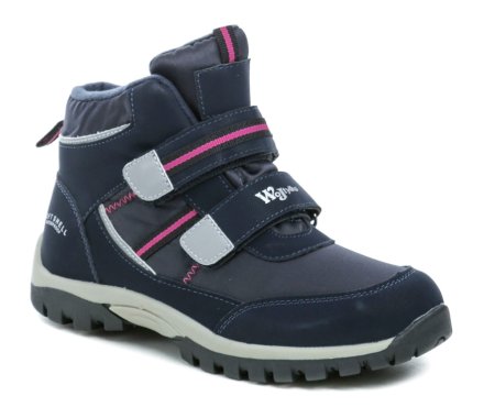 Herbst- und Frühjahrsstiefel für Kinder mit Klettverschluss aus einer Kombination von Synthetik- und Softshell-Material und mit einem Innenfutter aus Textil ausgestattet.