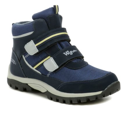 Herbst- und Frühjahrsstiefel für Kinder mit Klettverschluss aus einer Kombination von Synthetik- und Softshellmaterial, innen mit einem Textilfutter ausgestattet.