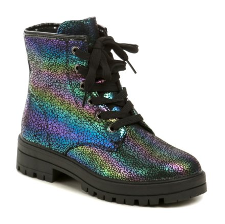 Kinder-Winterstiefel mit Schnürung und Reißverschluss, aus Synthetikmaterial und innen mit weichem Textilfell ausgestattet.